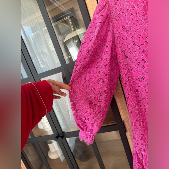 J. CREW lace long sleeve mini dress mock neck ruffle drop hem a-line bump pink - Picture 5 of 10